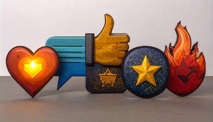 Grouping of stylized social media icons heart, chat, like, star, and fire icons