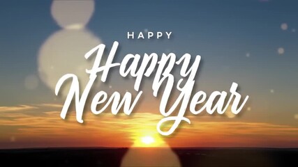 A festive New Year greeting with elegant script typography set against a beautiful and hopeful sunrise landscape, symbolizing new beginnings - Powered by Adobe
