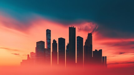 Cityscape Silhouette Skyscrapers at Dusk under Dramatic Sky, Urban , Sunset