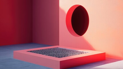 Crimson Architectural Dreamscape: A Sunlit Corner with a Circular Portal and Grid