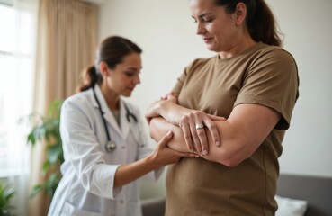Doctor checks woman arm injury in clinic. Female physiotherapist examines patient elbow pain in rehabilitation center. Medical assistance for joint problem recovery.