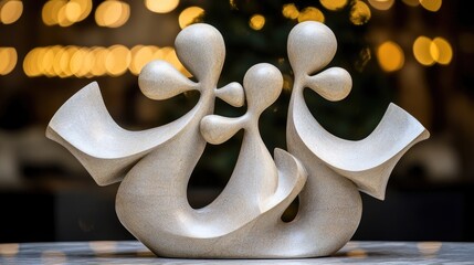 Abstract Family Sculpture Embracing Warm Bokeh Lights, Symbolizing Unity and Connection