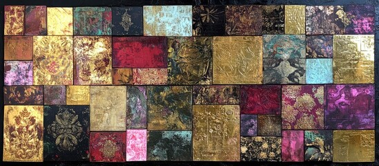 Luxurious Gold Leaf & Jewel-Toned Abstract Art Collage: Ornate Textured Panels with Metallic Sheen and Rich Patina