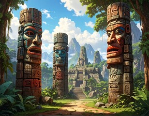 Ancient jungle temple with carved stone pillars