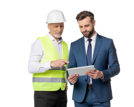 Two construction professionals, one in a safety vest and hard hat, another in busines