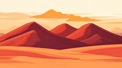 Stylized Desert Landscape with Rolling Dunes and Distant Mountains Under a Soft Sky