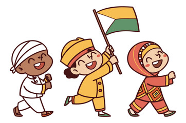 Children marching with a flag kids girl