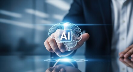 A man holding a digital ai brain hologram with circuit patterns in his hand on a blue background