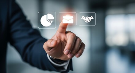 Man in suit touching virtual icons representing business, finance and partnership on a screen interface