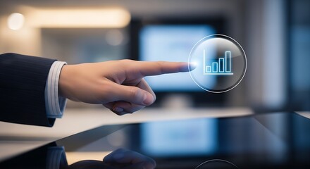 A hand touching a screen with a graph icon indicating business analytics and data visualization