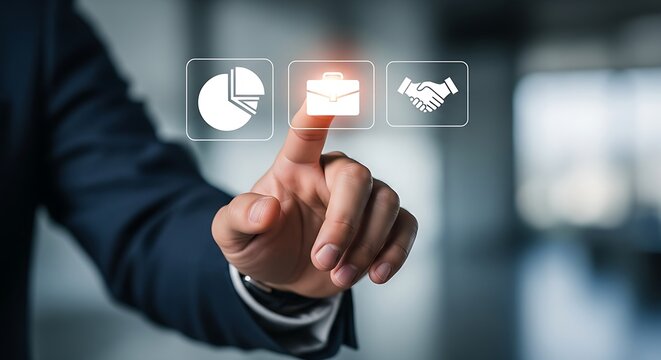 Man in suit touching virtual icons representing business, finance and partnership on a screen interface