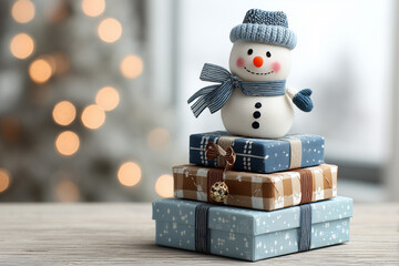 Snowman figure on top of gift boxes with Christmas decoration.