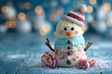Ice cream decorated as snowman with candy and hat.