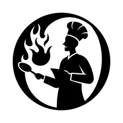 Chef silhouette cooking with flames in a circular black and white logo