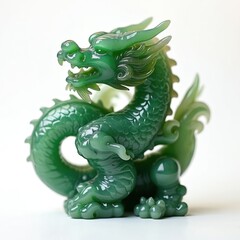 Obraz premium Green jade dragon figurine on white background. Intricate sculpture shows mythical beast coiled in traditional asian art style. Lucky charm.
