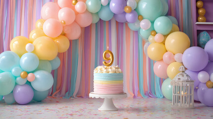 A birthday photo background with a cake, streamers, and a balloon arch, with the number 9 on the cake. Happy birthday. Parties and celebrations