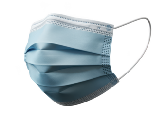 Light blue disposable medical face mask with ear loops isolated on transparent background