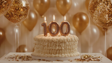 A buttercream cake with lit candles forming the number '100' and gold glitter balloons. Happy birthday. Parties and celebrations