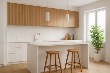 Modern kitchen island with bar stools and wood cabinetry natural light illustration