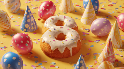 A cake shaped like the number 8, surrounded by small party balloons and colorful party hats. Happy birthday. Parties and celebrations