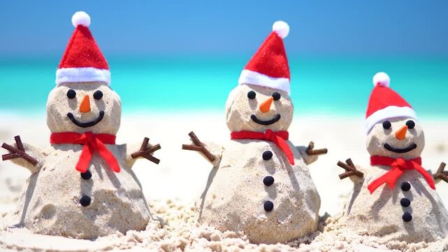 Sand Snowmen with Santa Hats on Tropical Beach