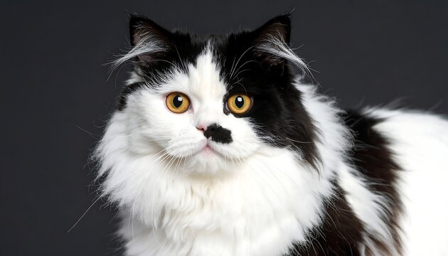 Close-up portrait of a fluffy black and white cat