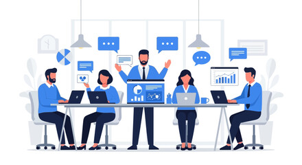 A diverse team of professionals collaborates around a table in a modern office setting, actively engaged in a business meeting with laptops and data visualizations