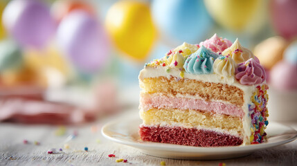 A close-up of a slice of birthday cake with colorful balloons out of focus in the background. Parties and celebrations. Happy birthday