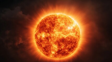 Fiery Sun Orange Plasma Ball with Dark Cosmic Background, space , solar flare