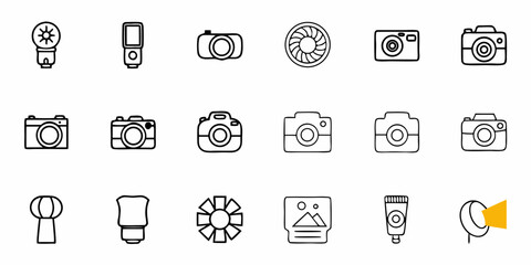 Explore a collection of photography gear icons, including cameras, lights, and lenses, perfect for designing websites, apps, or educational content about photography
