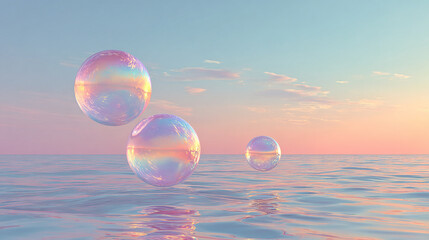 Iridescent easter eggs floating mysteriously above a serene ocean at sunset