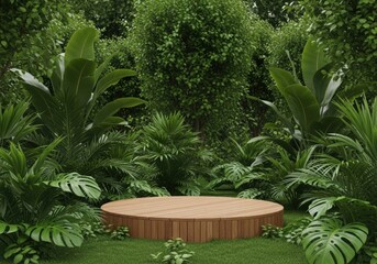 Natural tree stump pedestal platform surrounded by lush green tropical jungle foliage illustration