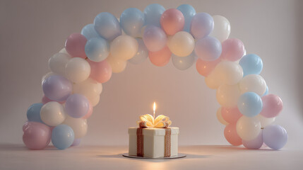 A gift box-shaped cake with a lit candle on top and a balloon arch in the background. Festivities. Happy Birthday