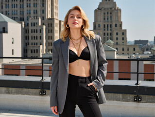 Confident City Woman In Grey Blazer And Black Bra On Rooftop, Fashion Statement. A stylish urban portrait of a confident woman in a grey blazer, black bra, and layered gold necklaces. 