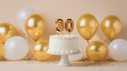 A minimalist white cake with a gold candle shaped like the number 30 and surrounded by gold balloons. Happy birthday. Parties and celebrations
