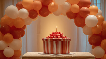 A gift box-shaped cake with a lit candle on top and a balloon arch in the background. Festivities. Happy Birthday