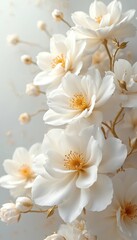 Elegant white floral arrangement with golden accents. Delicate blossoms bloom with pearlescent detail. Soft texture, pattern create beautiful abstract design. Suitable for decor, art, invitations.