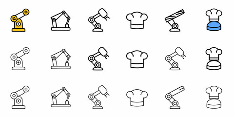Discover dynamic line art icons showcasing industrial robotic arms and chef hats, perfect for innovation, manufacturing, and culinary themes, offering versatile design elements for modern projects.