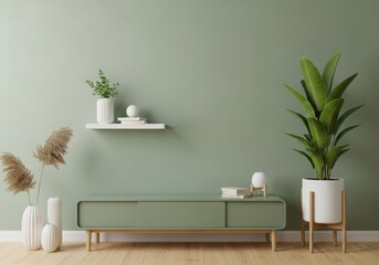 Modern living room interior design with green walls and minimalist furniture featuring a plant illustration