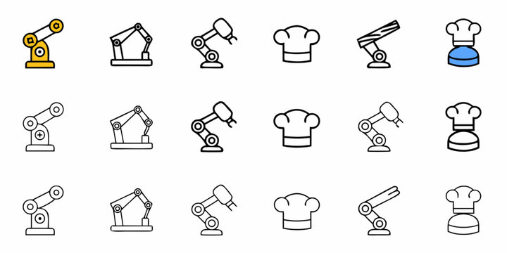 Discover dynamic line art icons showcasing industrial robotic arms and chef hats, perfect for innovation, manufacturing, and culinary themes, offering versatile design elements for modern projects.