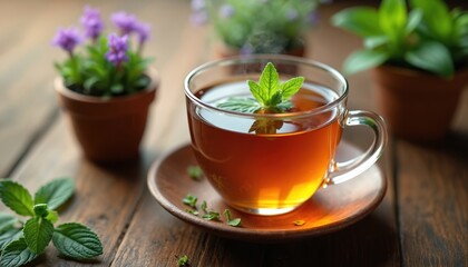 Steaming herbal tea in glass cup with mint leaf garnish. Potted plants and wooden table background create cozy home atmosphere. Refreshing healthy beverage.