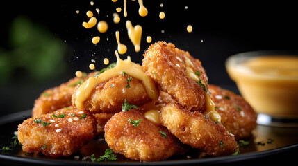 Crispy chicken tenders tossed mid-air with honey mustard sauce flying in splashes.