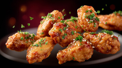 Hot and crispy Korean chicken wings flying with gochujang sauce dripping off, bold background lighting with red gradients for extra impact.
