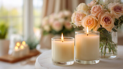 Two vanilla white candles of different sizes on a light table with semi-blurred soft roses in the background.