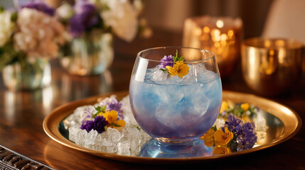 A creative signature cocktail featuring butterfly pea flower gin in a clear glass globe.