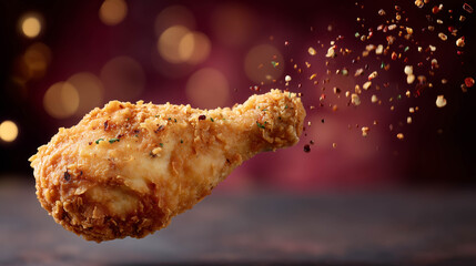 A golden, crispy fried chicken drumstick caught mid-air with flying crumbs and spices, over a fiery red gradient background, perfect for bold fast-food branding.