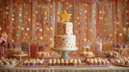 A table with birthday desserts and a circular cake with a star on top and the number 1, confetti and candles