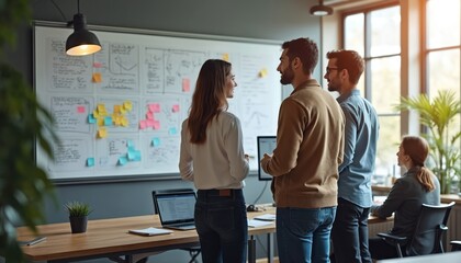 People at office brainstorm ideas on whiteboard with notes and diagrams. Team works together at desks with computers, planning project strategy and workflow.