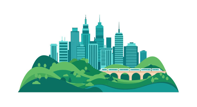 A modern cityscape with a train crossing a bridge over green hills, symbolizing sustainable urban development and transportation