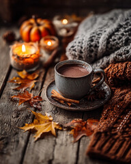 Cozy Autumn Still Life with Hot Chocolate Candles and Warm Sweaters Creates a Festive Mood